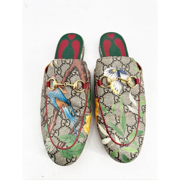 Gucci Princetown Gold Horsebit Tian GG Monogram Bird Print Canvas Mules Size 37 - Picture 9 of 9